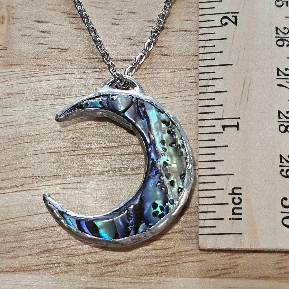 Abalone Crescent Moon Reversible Pendant Necklace with Silver Chain